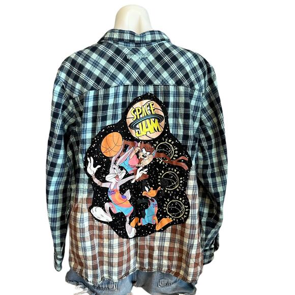 Space Jam Flannel Plaid Shirt 3XL Oversize One of Kind Blue Shacket Bugs Bunny - Picture 1 of 6